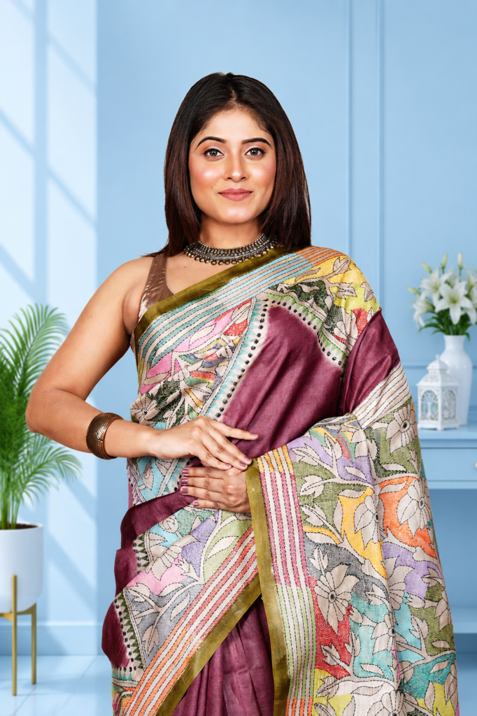 Printed Kalamkari / Floral Art Silk Saree (Contemporary Printed Saree)