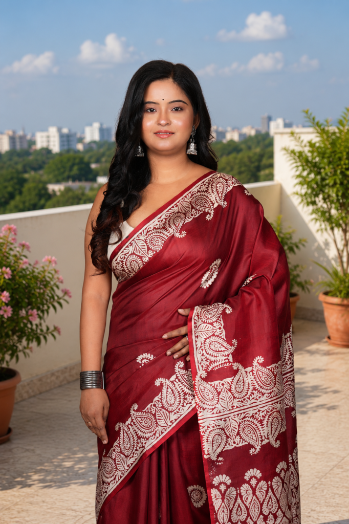 Premium Wine Maroon Woven Bishnupuri Silk Saree with Ivory Floral Border