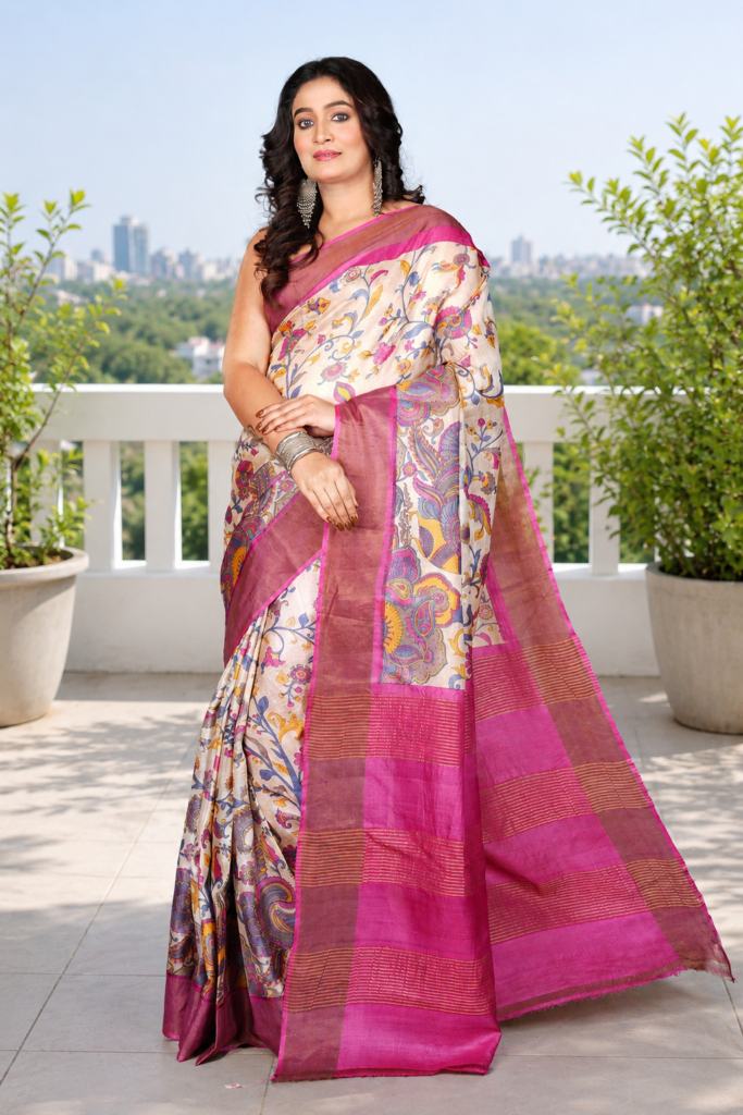 Elegant Printed Bishnupuri Pure Silk Saree – Light Cream with Rose Pink Border