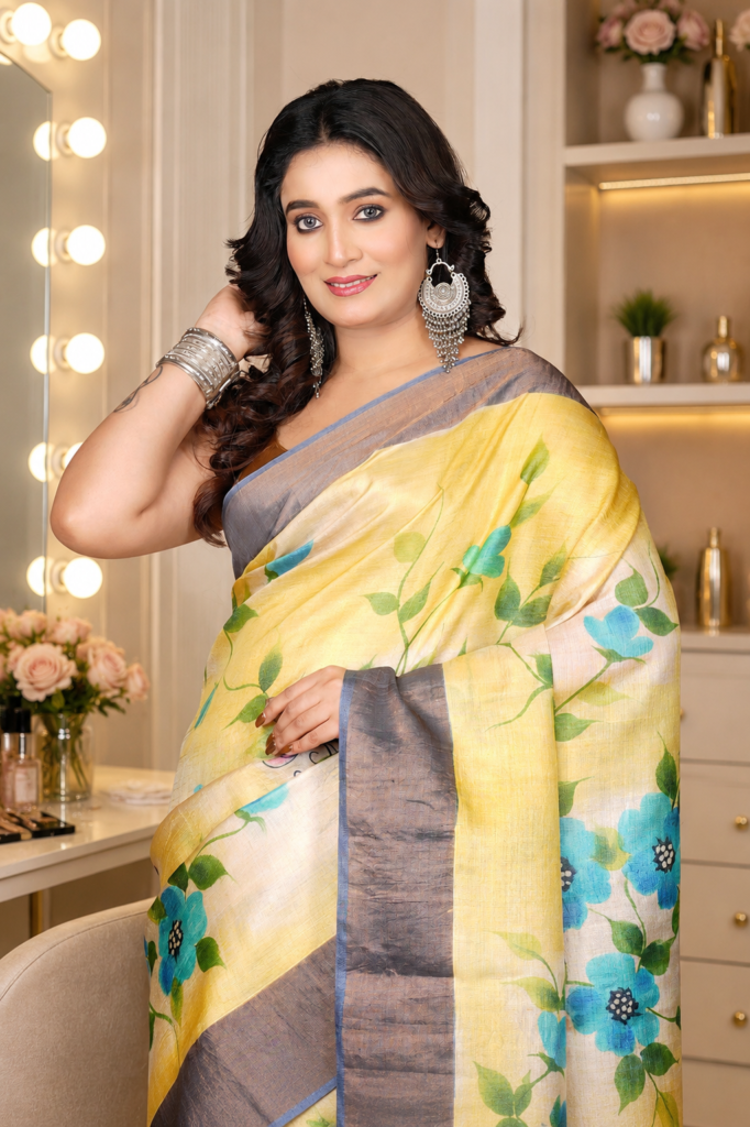 Premium Bishnupur Pure Silk Saree – Ivory Cream with Sky Blue Floral Print & Slate Grey Border