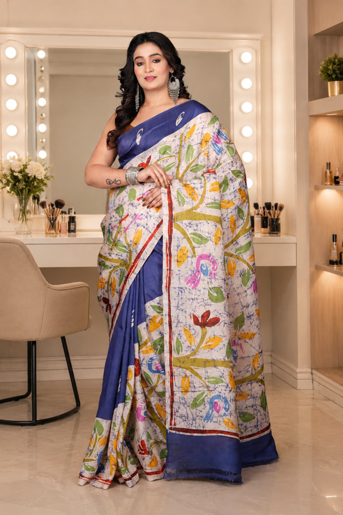 Heritage Floral Bishnupur Pure Silk Saree with Elegant Royal Blue Border