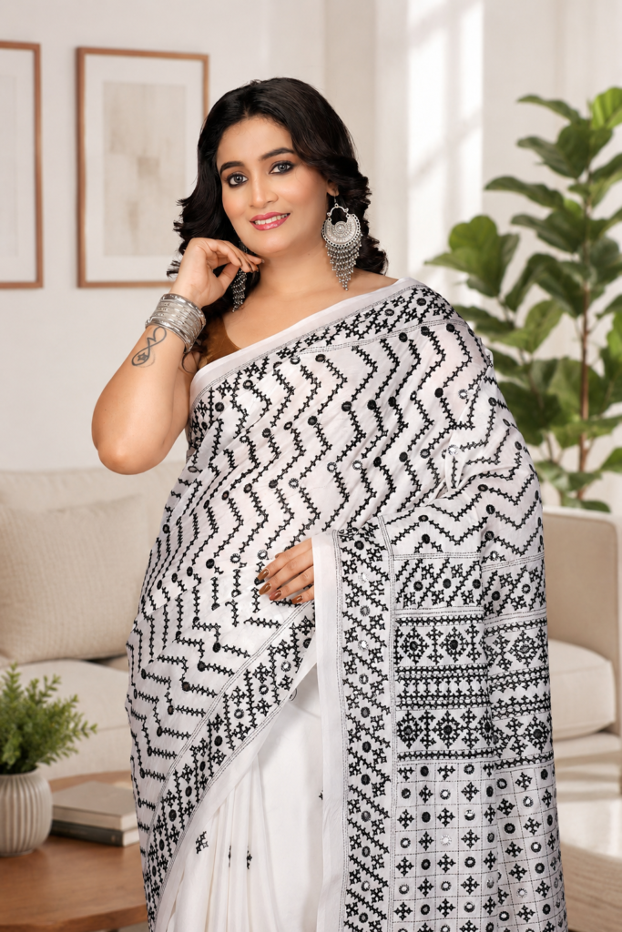 Bishnupur Silk Saree – White & Black Traditional Print