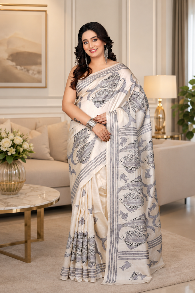 Bishnupur Pure Silk Saree – White & Black Traditional Paisley Design