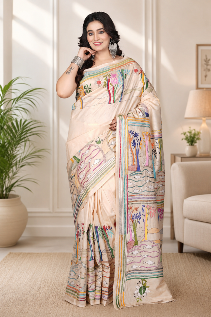 Ivory Handloom Embroidered Art Silk Saree with Multicolour Nature Motifs