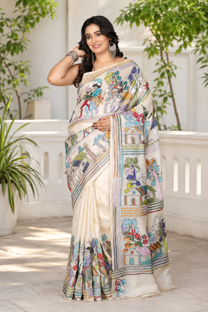 Bishnupur Pure Silk Saree with Handcrafted Multicolour Village & Folk Art Embroidery