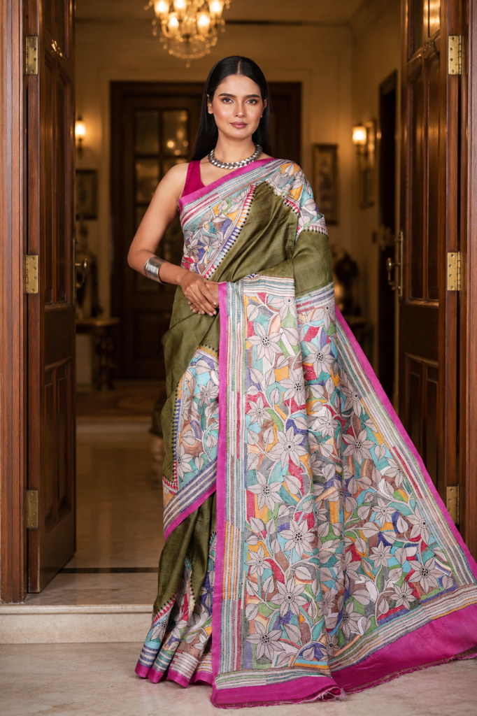 Olive Green Madhubani Folk Art Printed Tussar Silk Saree