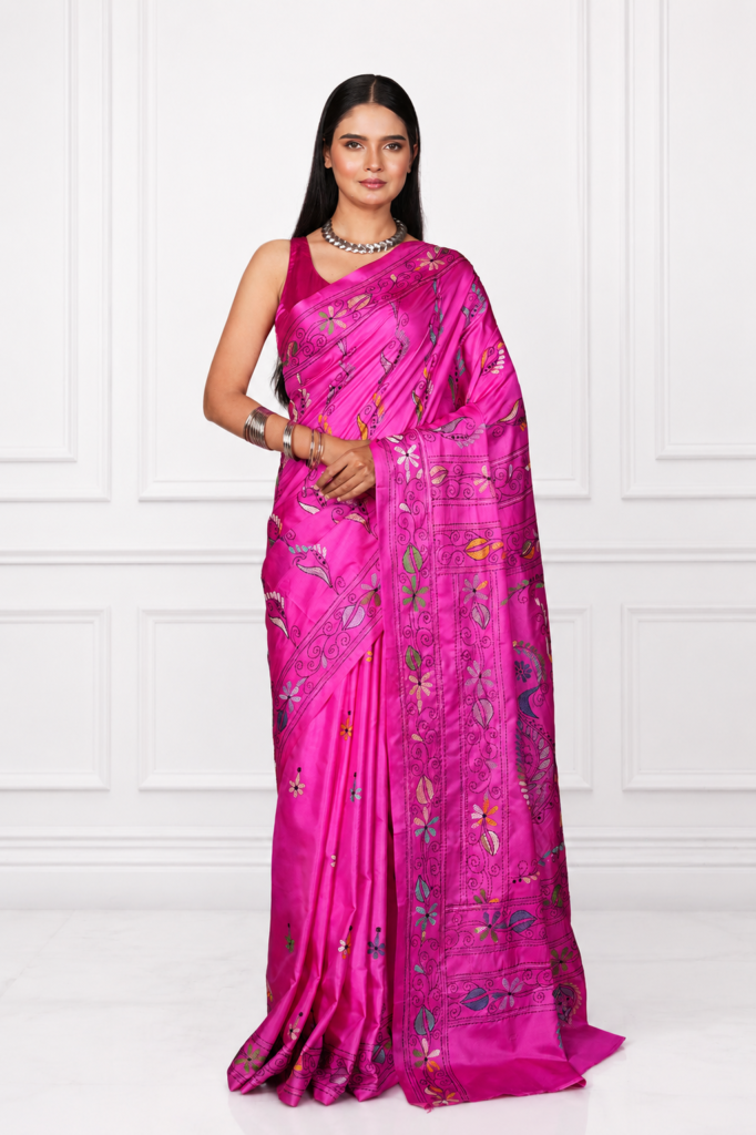Vibrant Pink Hand Embroidered Kantha Stitch Tussar Silk Saree