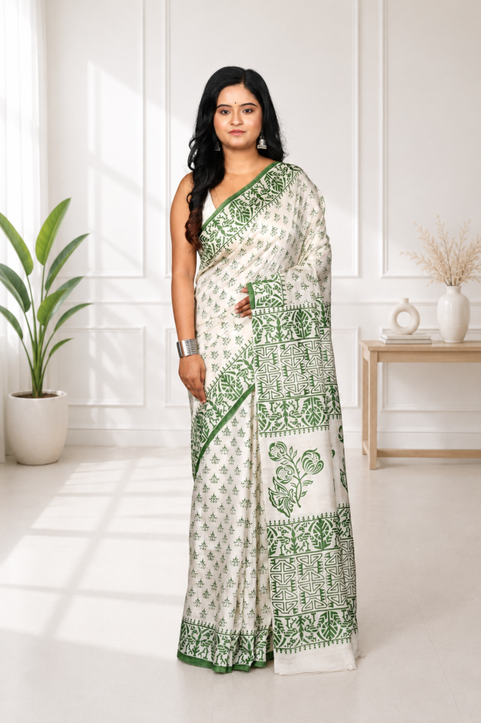 Printed Bishnupuri Silk Saree in Off White & Bottle Green