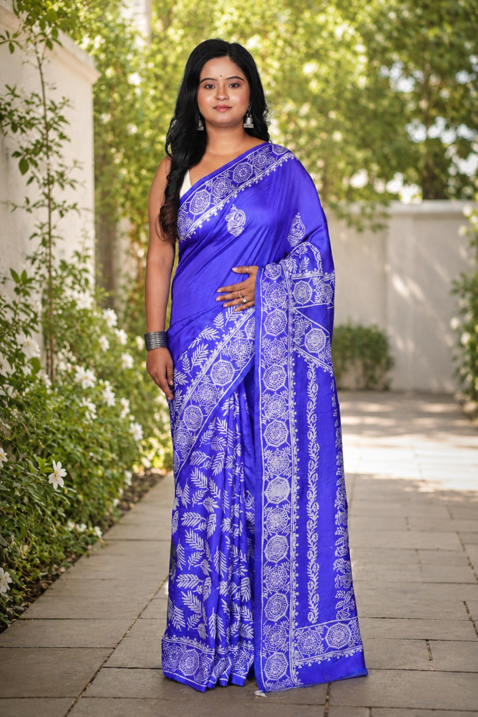 Royal Blue Printed Bishnupuri Silk Saree with White Traditional Print