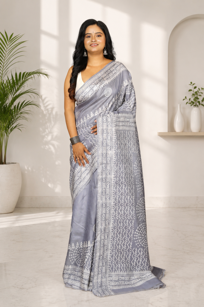 Steel Grey Woven Bishnupuri Silk Saree with White Ethnic Design