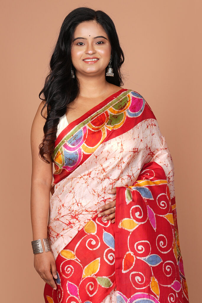 Premium Off-White Batik Bishnupuri Silk Saree with Deep Red Artistic Border