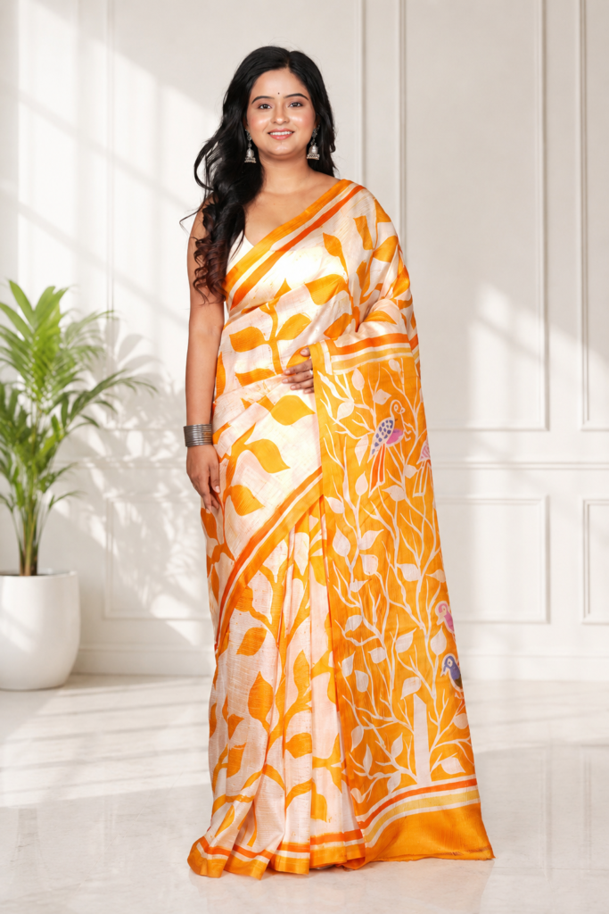 White & Mustard Yellow Bishnupuri Saree