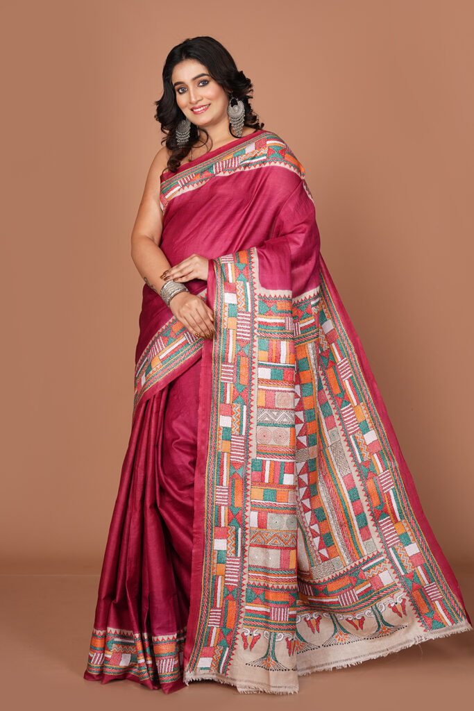 Bishnupur Pure Silk Saree with Geometric Woven Border