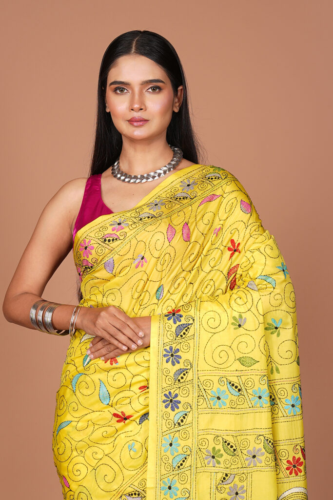Lemon Yellow Hand Embroidered Kantha Stitch Tussar Silk Saree