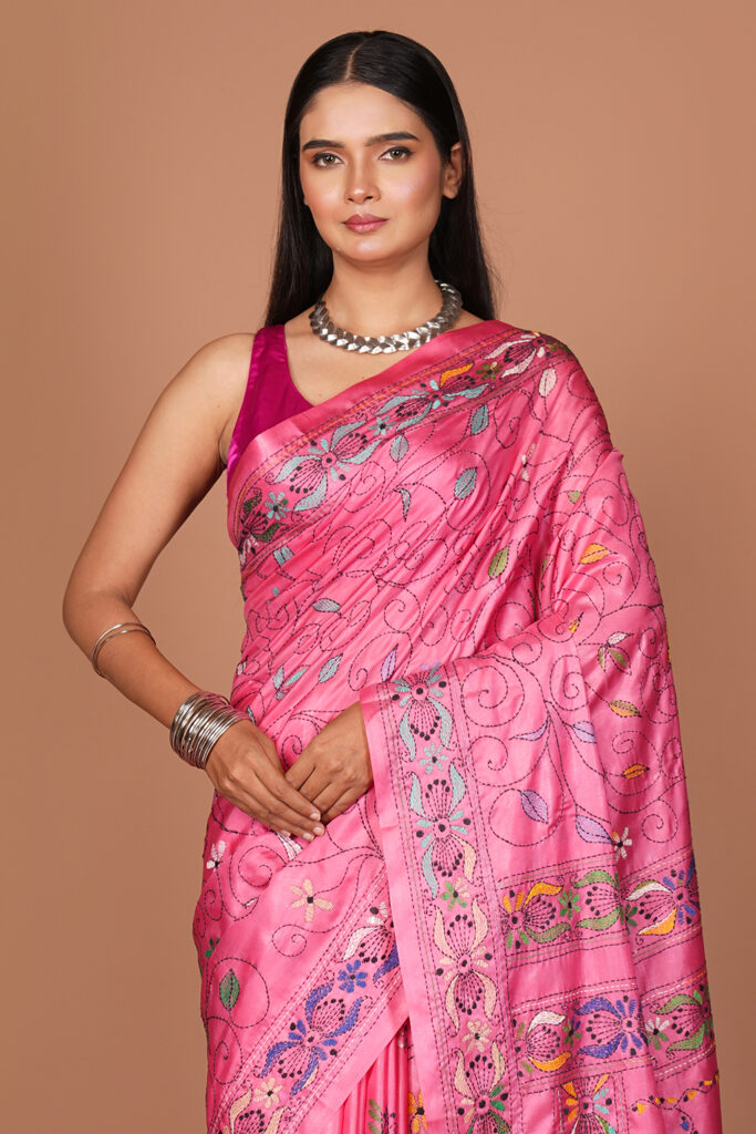 Kantha Stitch / Hand-Embroidered Silk Saree