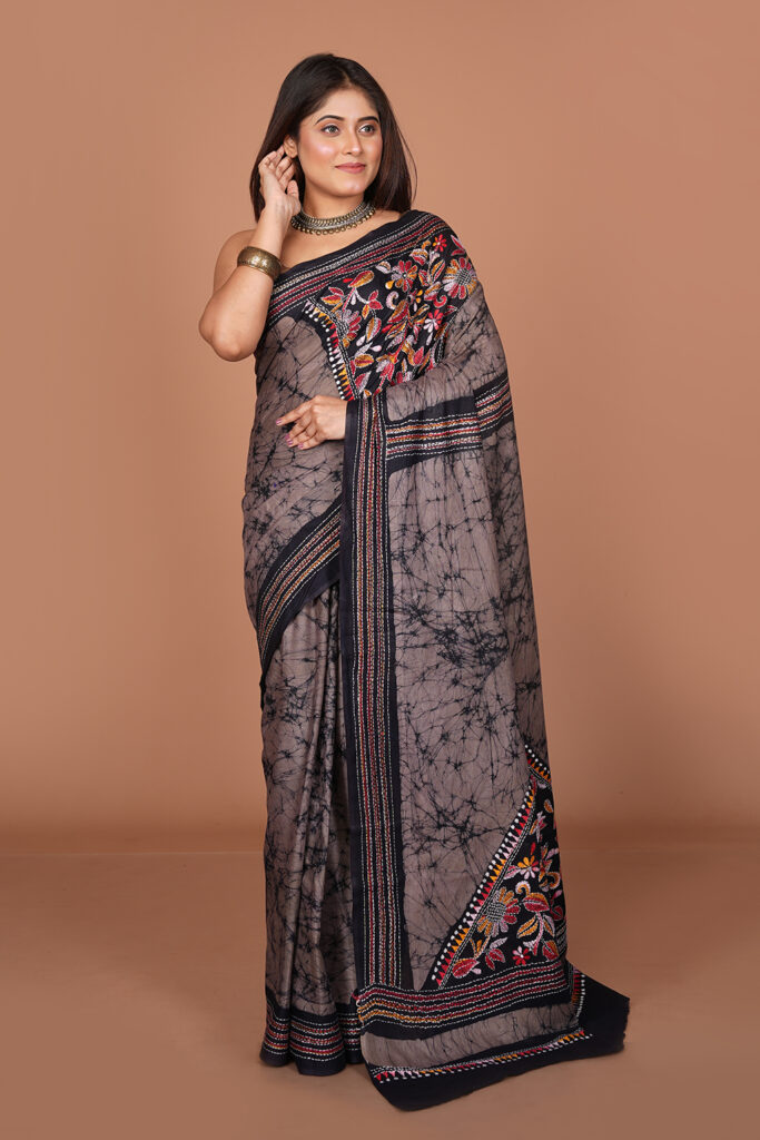 Batik Print Saree with Hand Kantha Embroidered Pallu