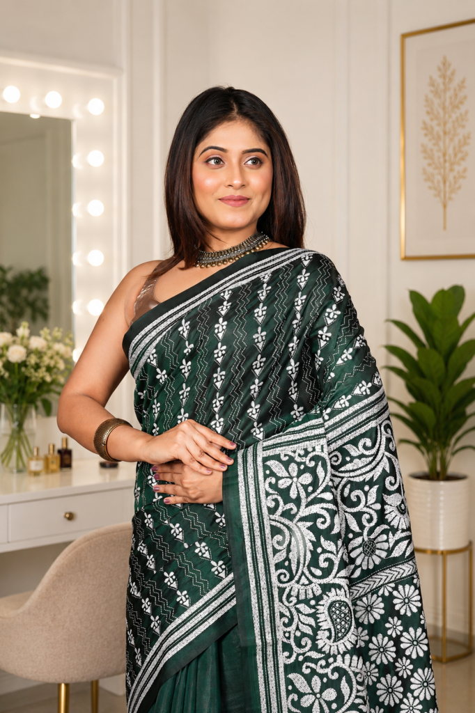 Kantha Stitch / Hand Embroidered Silk Saree