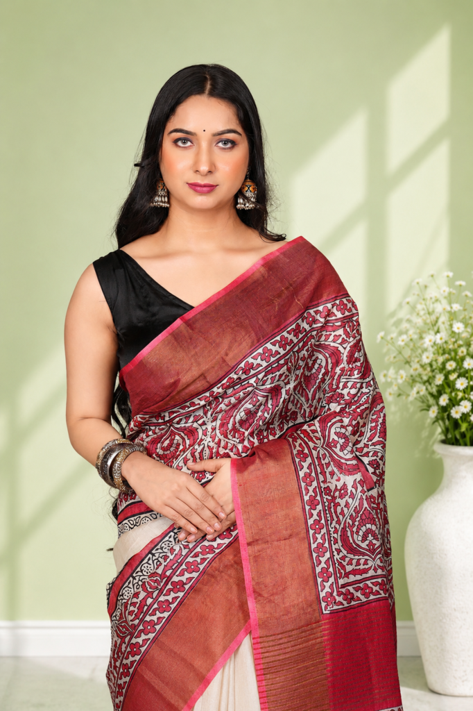 Traditional Handloom Block Printed Saree (Kalamkari / Motif Block Print)