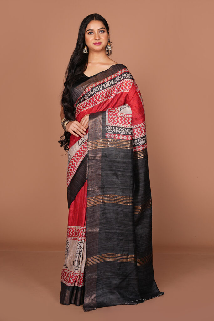 Magenta Pink Handblock Printed Tussar Silk Saree
