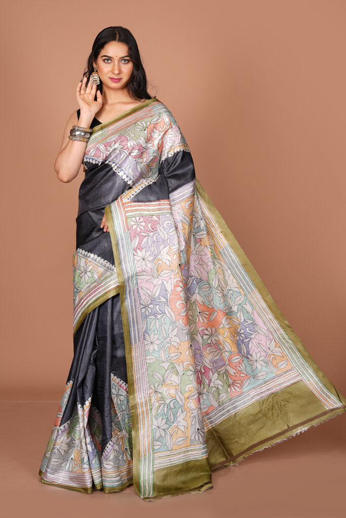 Kantha Stitch / Floral Embroidered Silk Saree