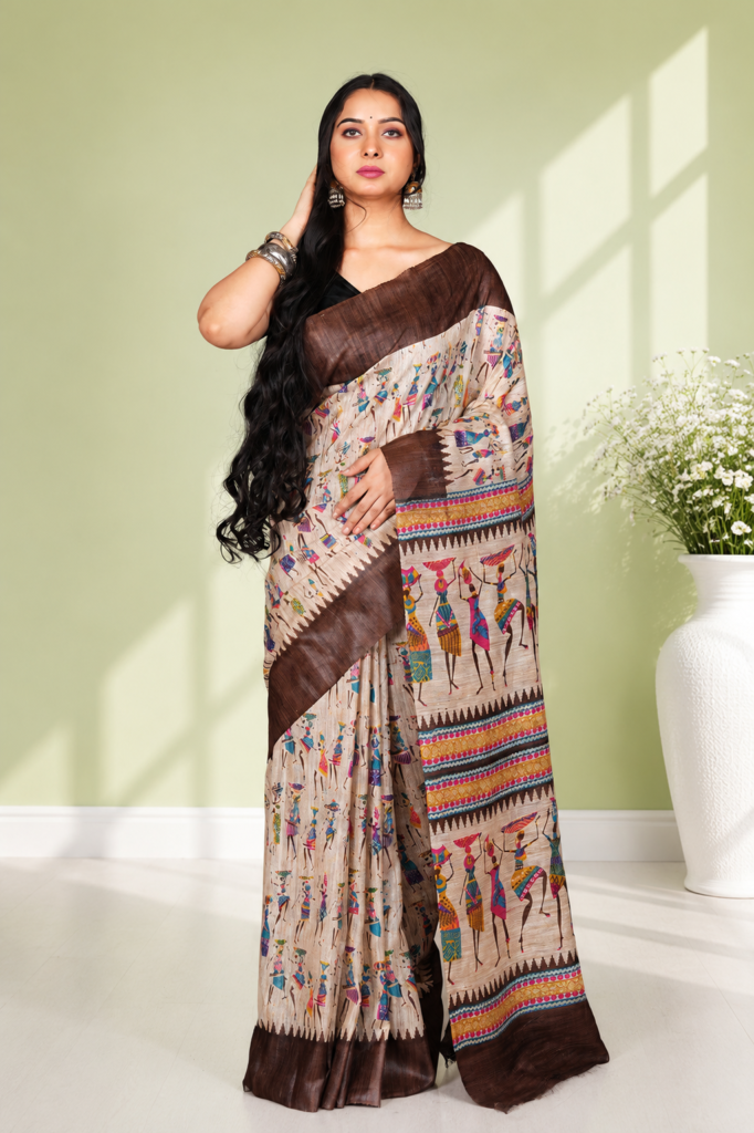 Printed Tussar/Art Silk Saree featuring Warli or tribal folk art motifs and temple border details.