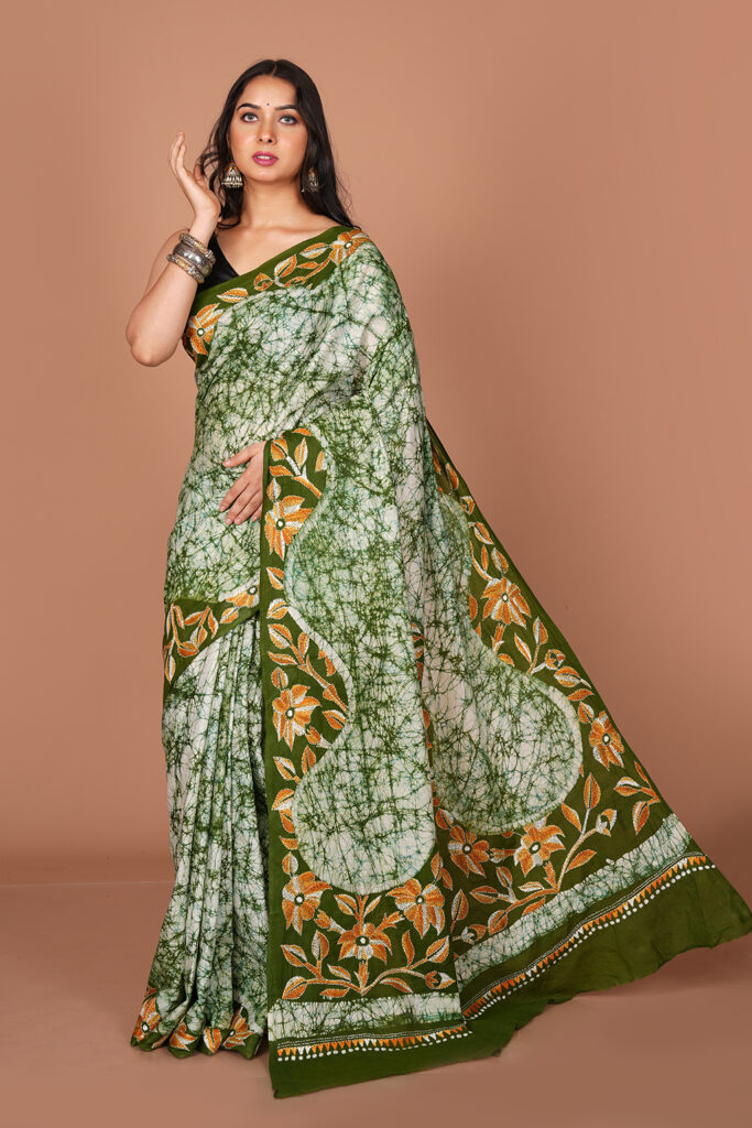 Batik / Hand-printed Printed Silk or Tussar Saree with Kantha/Floral Motif Borders.