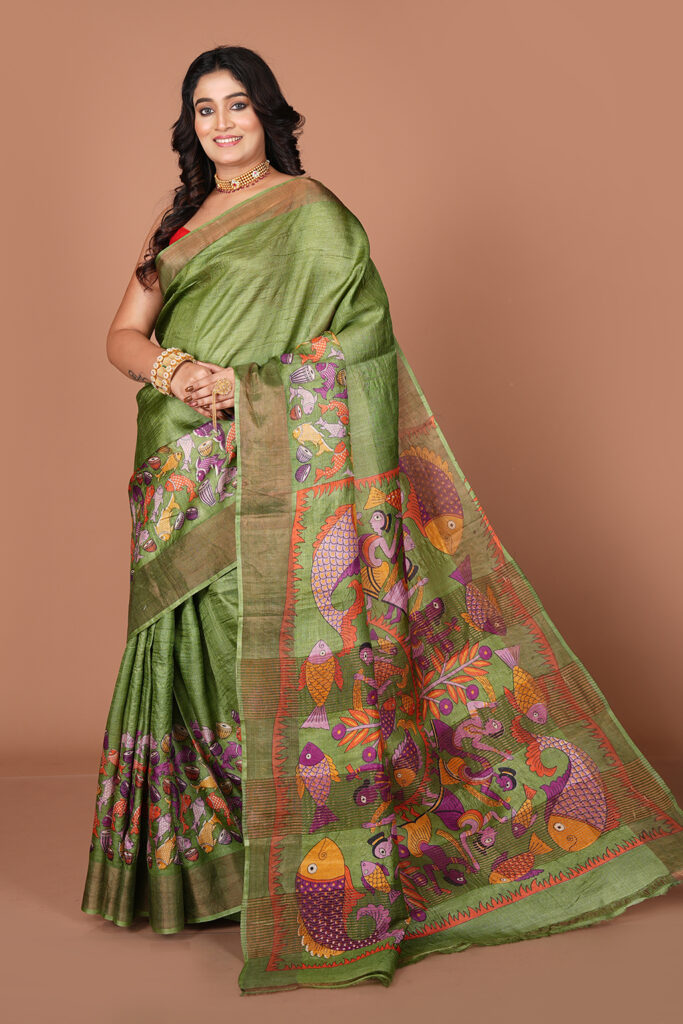 Madhubani Printed Silk Saree (featuring traditional folk art motifs like fish and peacock motifs).