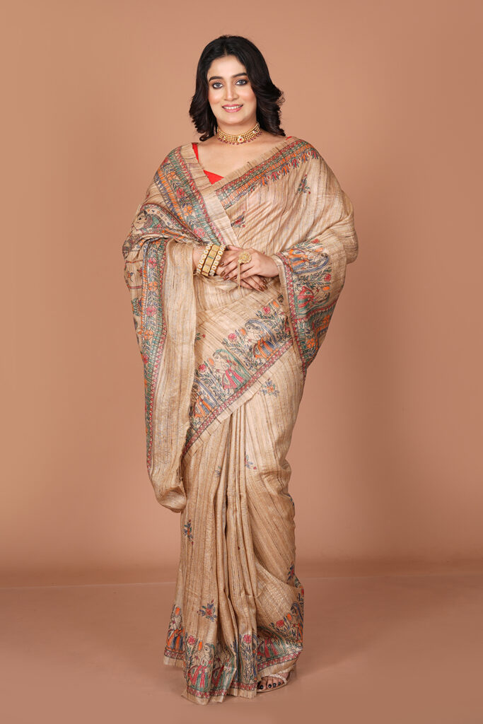 Traditional Designer Tussar Silk Saree (featuring Kantha/Kalamkari style embroidered borders)