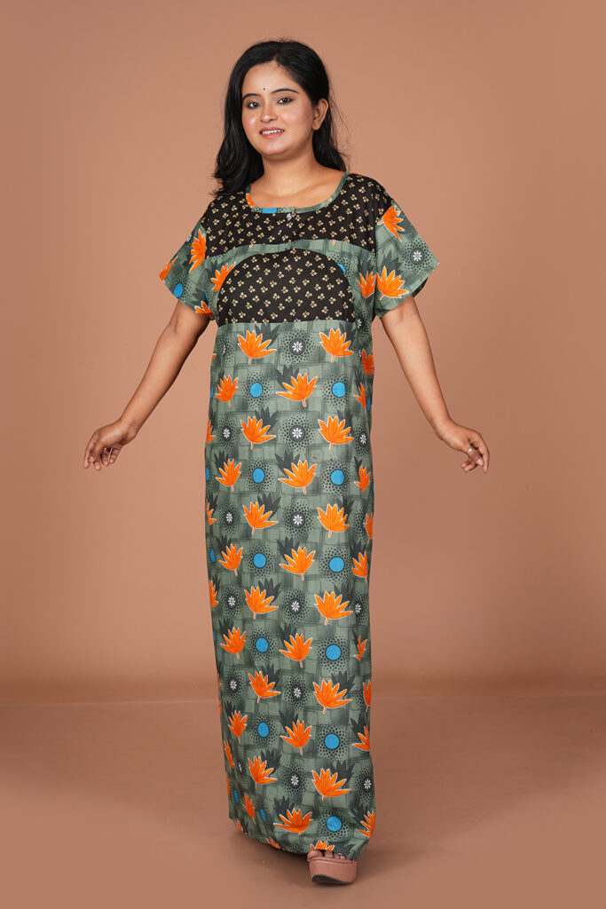 Elegant Floral Printed Cotton Nighty – Full Length Comfort Wear