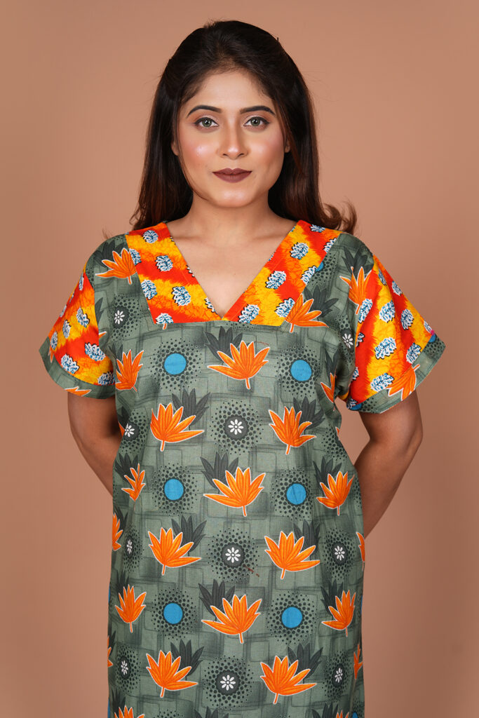 Elegant Floral Printed Cotton Blend Nighty with Designer Yoke