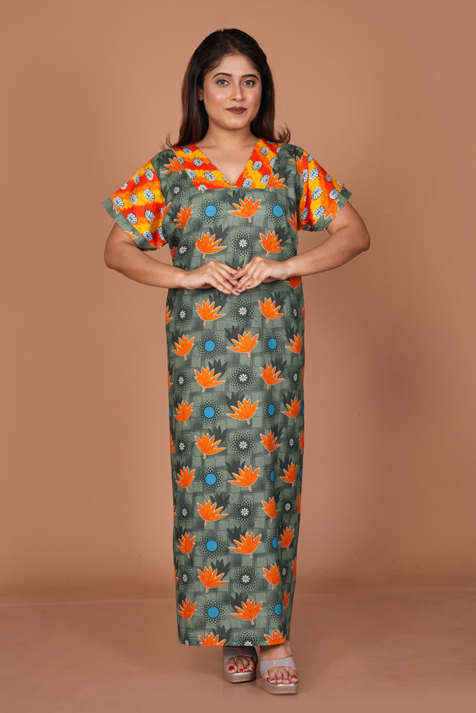 Elegant Floral Printed Cotton Blend Nighty with Designer V-Neck