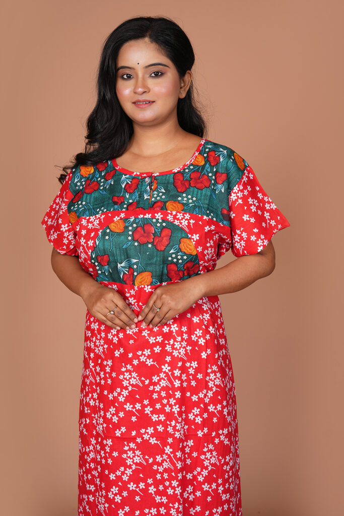 Elegant Floral Printed Cotton Blend Nighty with Designer Yoke