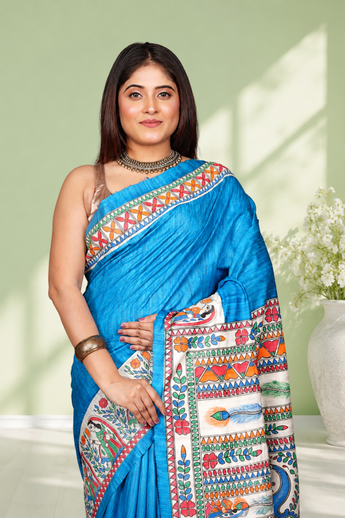 Royal Blue Madhubani Mithila Art Printed Tussar Silk Saree