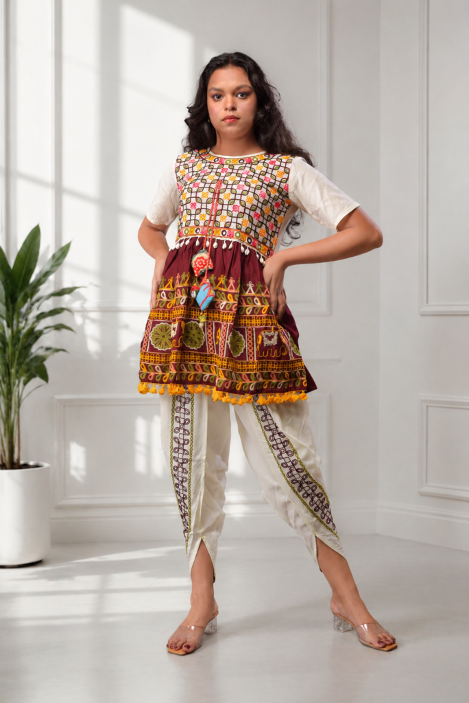 Bohemian Printed Peplum Top with White Dhoti Pants Co-Ord Set