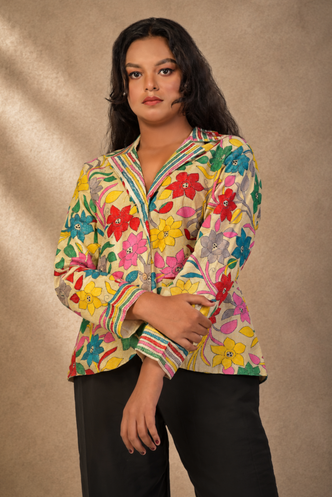 Vibrant Floral Stripe Printed Jacket