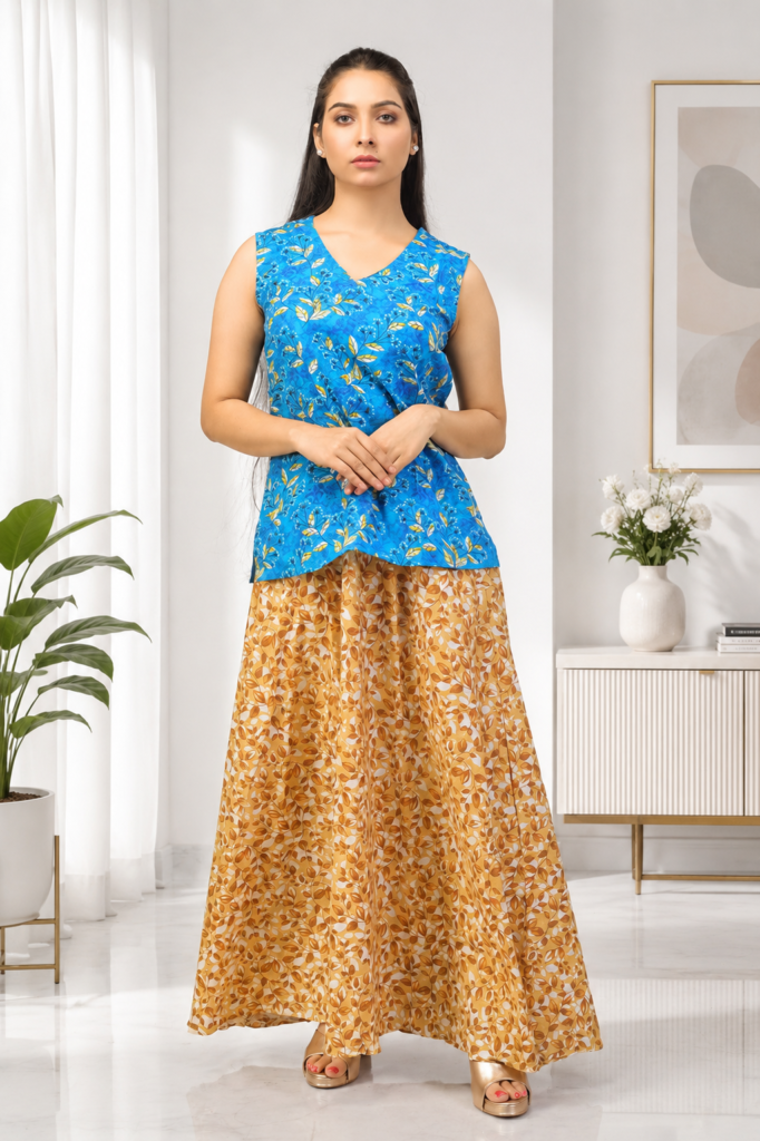 Floral Print Sleeveless Top & Textured Skirt Set