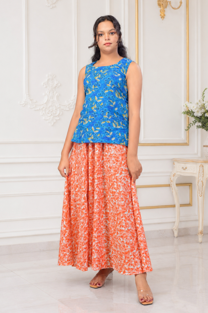 Floral Print Sleeveless Top & Crinkle Maxi Skirt Set