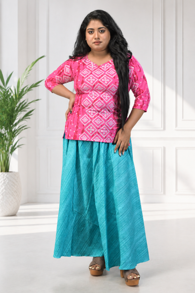 Pink Geometric Print Top & Aqua Green Flared Skirt Set
