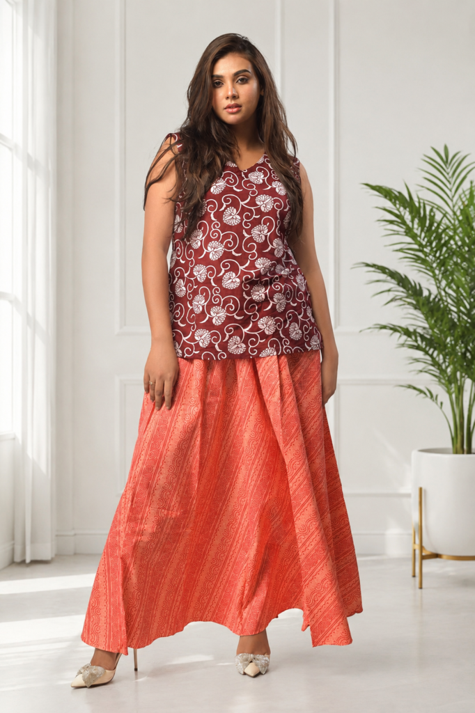 Floral Printed Sleeveless Top & Crinkle Skirt Set