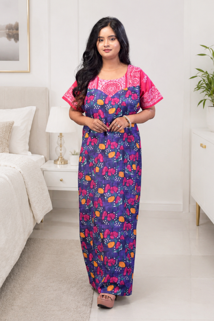 Premium Cotton Blend Nighty with Elegant Floral Designer Yoke
