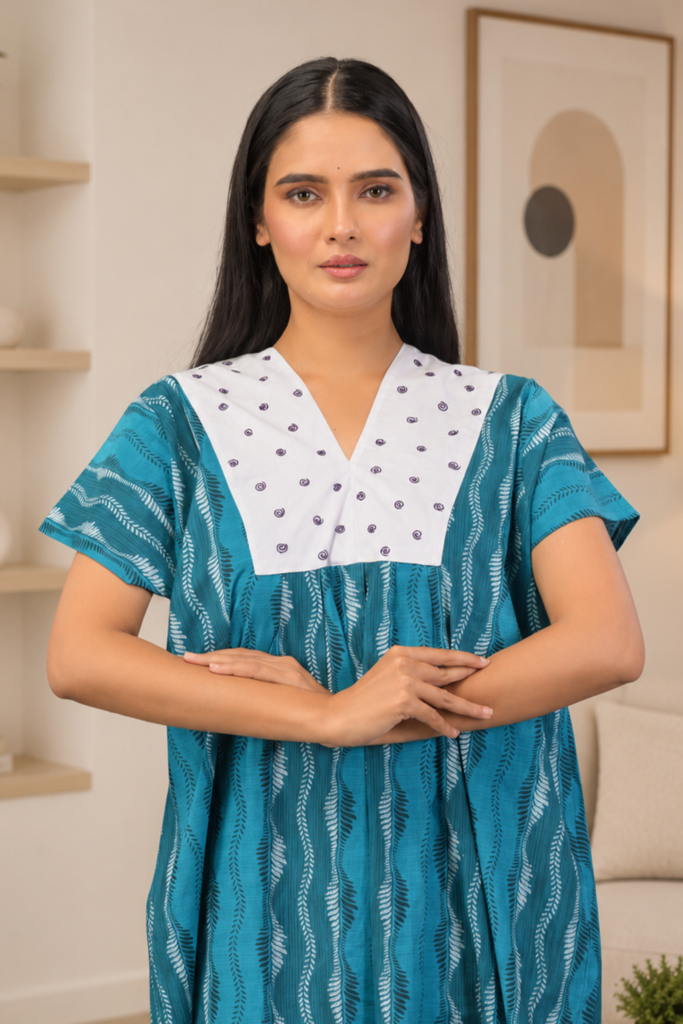 Elegant Teal Blue Striped Cotton Blend Nighty with Contrast Polka Dot Yoke