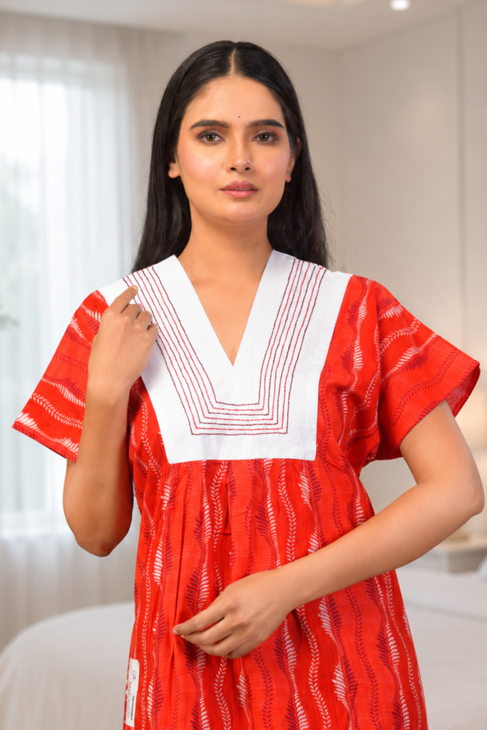 Elegant Coral Red Striped Cotton Blend Nighty with Designer V-Yoke