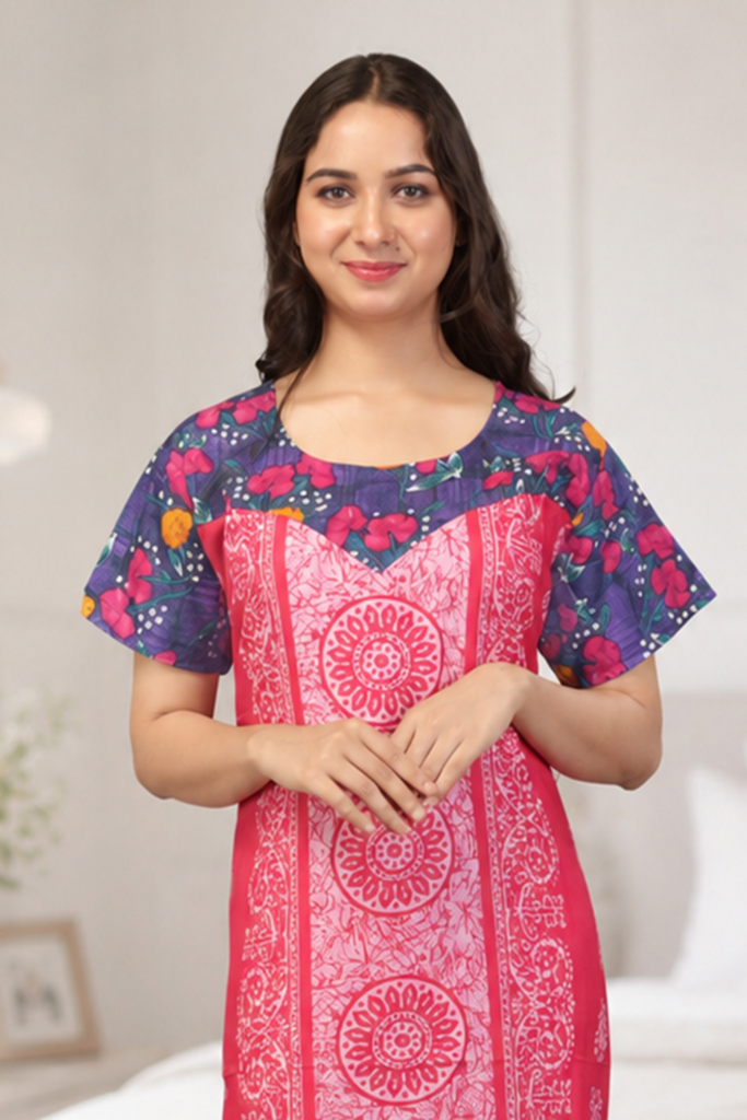 Premium Pink Ethnic Printed Cotton Blend Nighty with Floral Designer Yoke