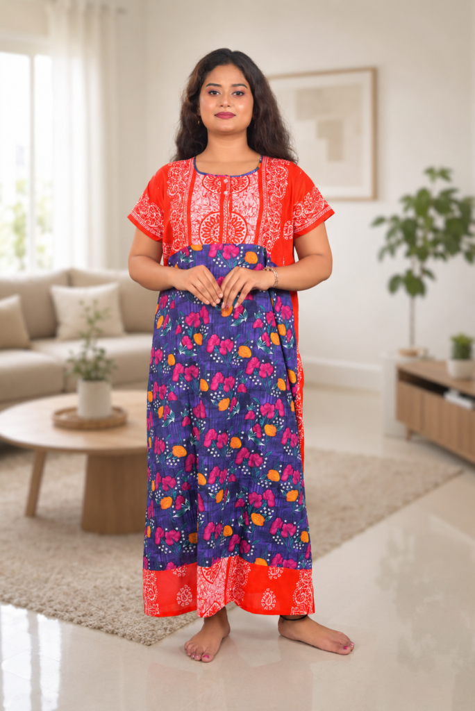 Coral Pink Printed Cotton Maxi Nighty