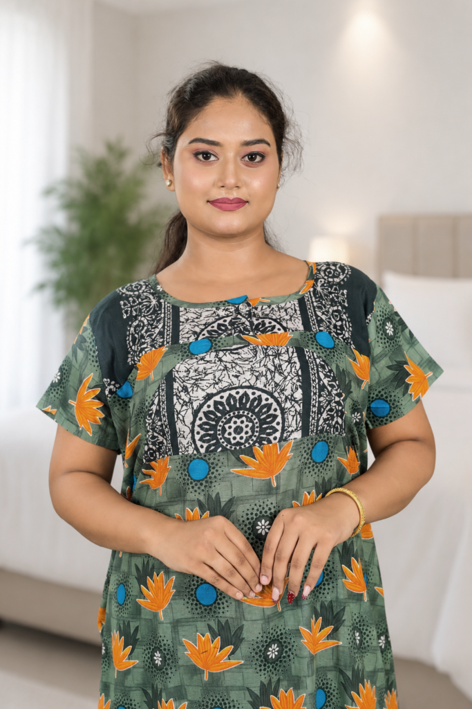 Women's Olive Green Floral Printed Cotton Lounge Dress