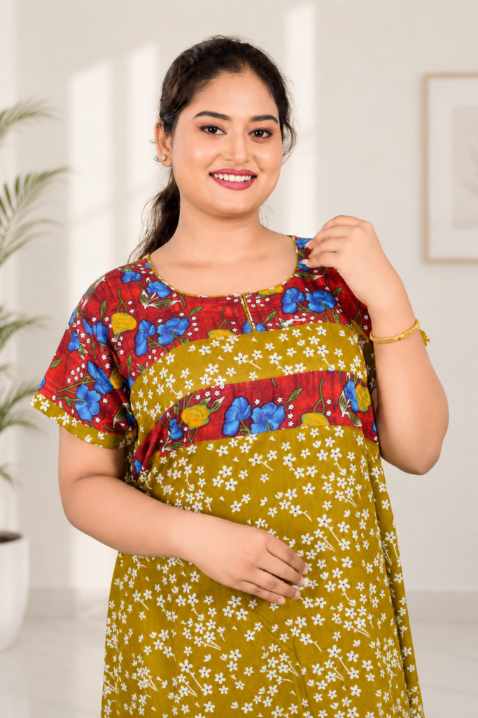 Women's Mustard Yellow Floral Printed Cotton Lounge Dress