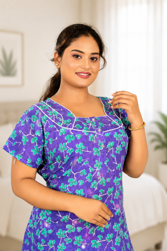 Women's Purple Floral Printed Cotton Maxi Lounge Dress