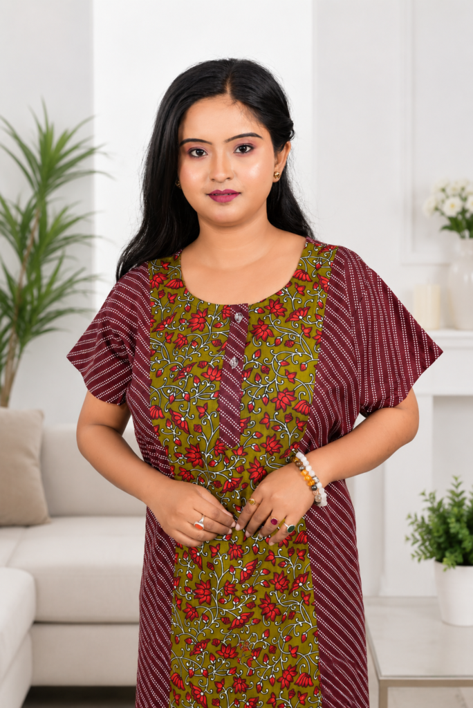Women's Maroon Floral Printed Cotton Lounge Dress