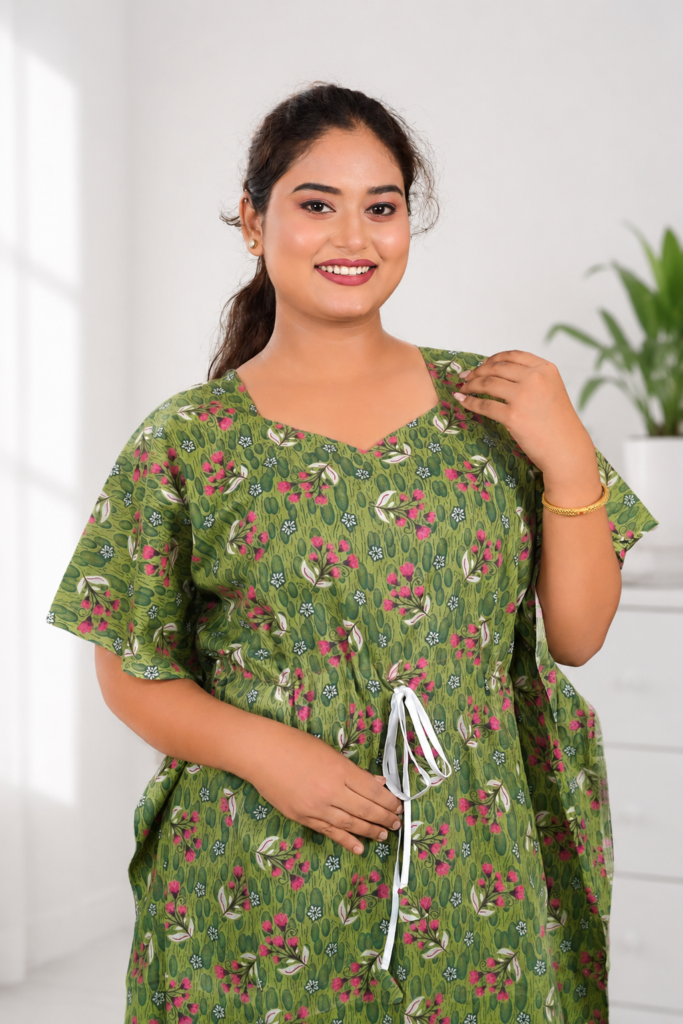 Women's Olive Green Floral Printed Cotton Lounge Dress with Drawstring Waist