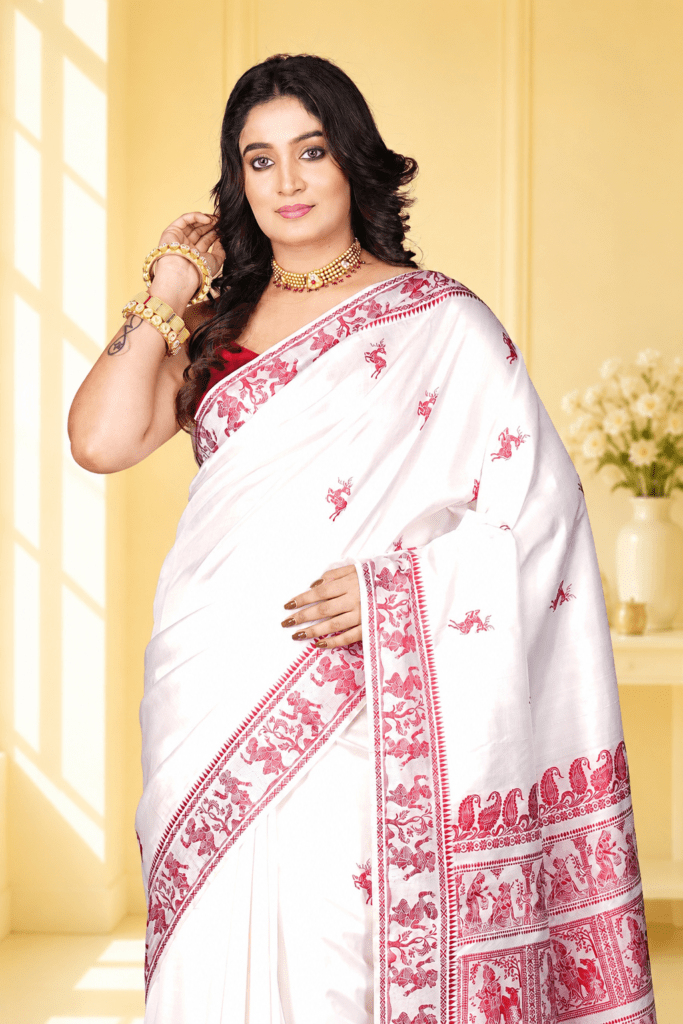 Kantha Stitch Saree (featuring traditional hand-embroidered motif borders and pallu)